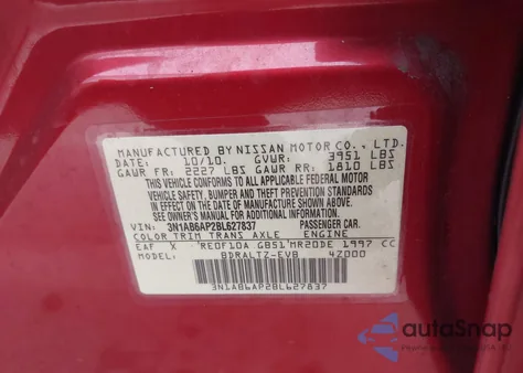 2011 Nissan Sentra 2.0Sr из США, поврежденный, VIN 3N1AB6AP2BL627837